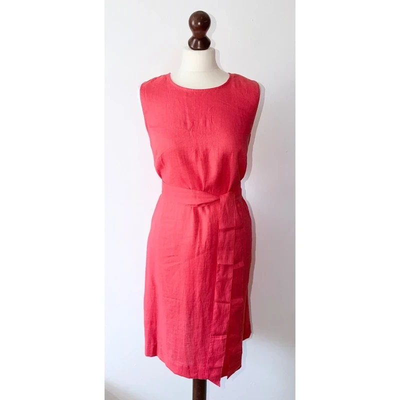 Boden Coral Anya 100% Linen Sleeveless Tie Waist Belted Pockets Size 18 RRP £116.00