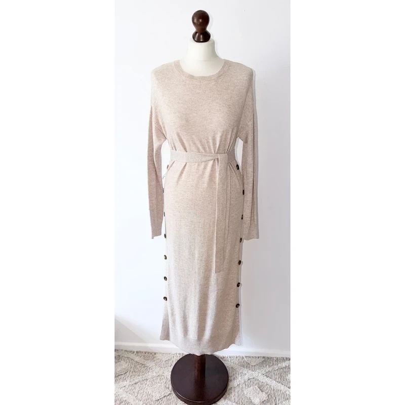 Boden Cream Neutral Side Button Cashmere Mix Midi Knit Dress Size 10 RRP £130.00