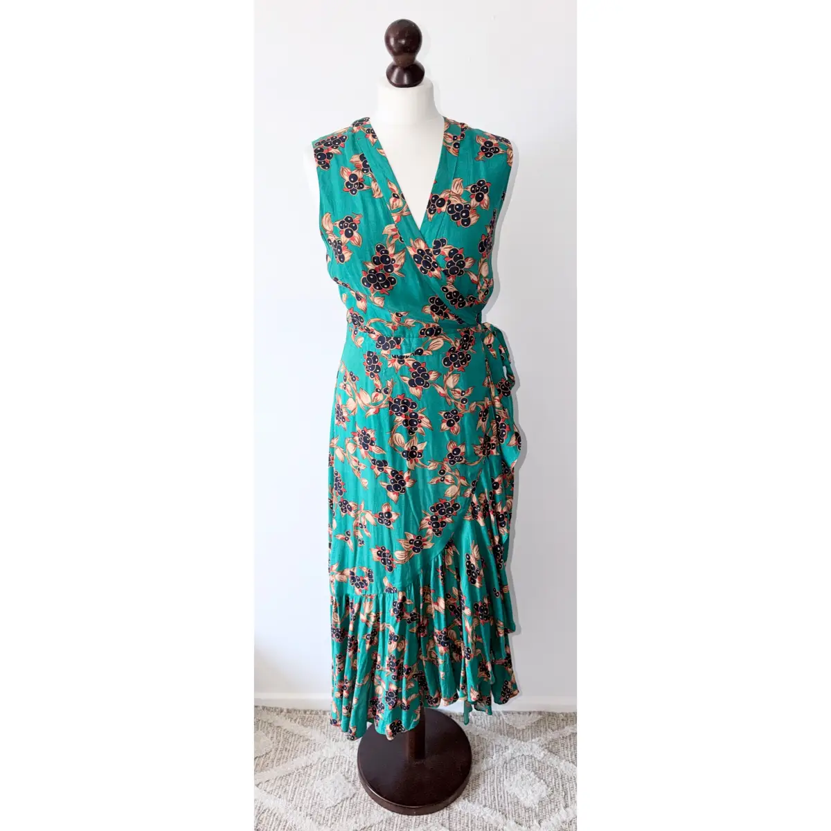 Whistles Green/Multi Capri Print Flattering Wrap Ruffle Midi Dress UK16 RRP £169