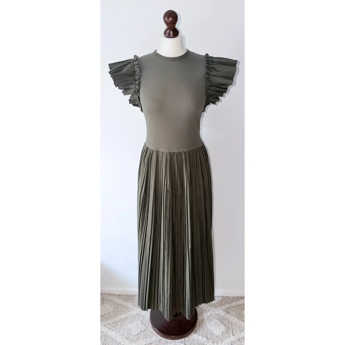 Mint Velvet Khaki Green Midi Jersey Crinkle Dress Pockets Size XL (18) RRP £109