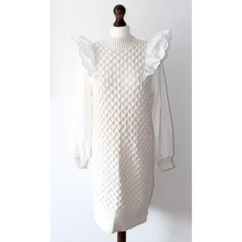 Mint Velvet Cream Cable Knit Frill Shoulder Long Dress Size L (UK14-16) RRP £130