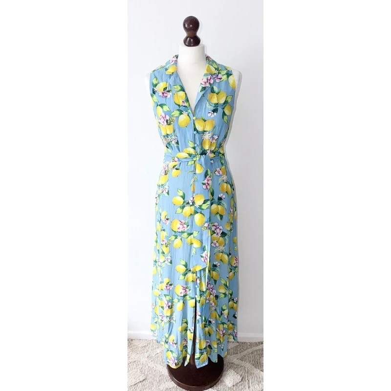 Monsoon Libra Lemon Blue Fit & Flare Midi Dress Pockets Size UK 16 RRP £99.00