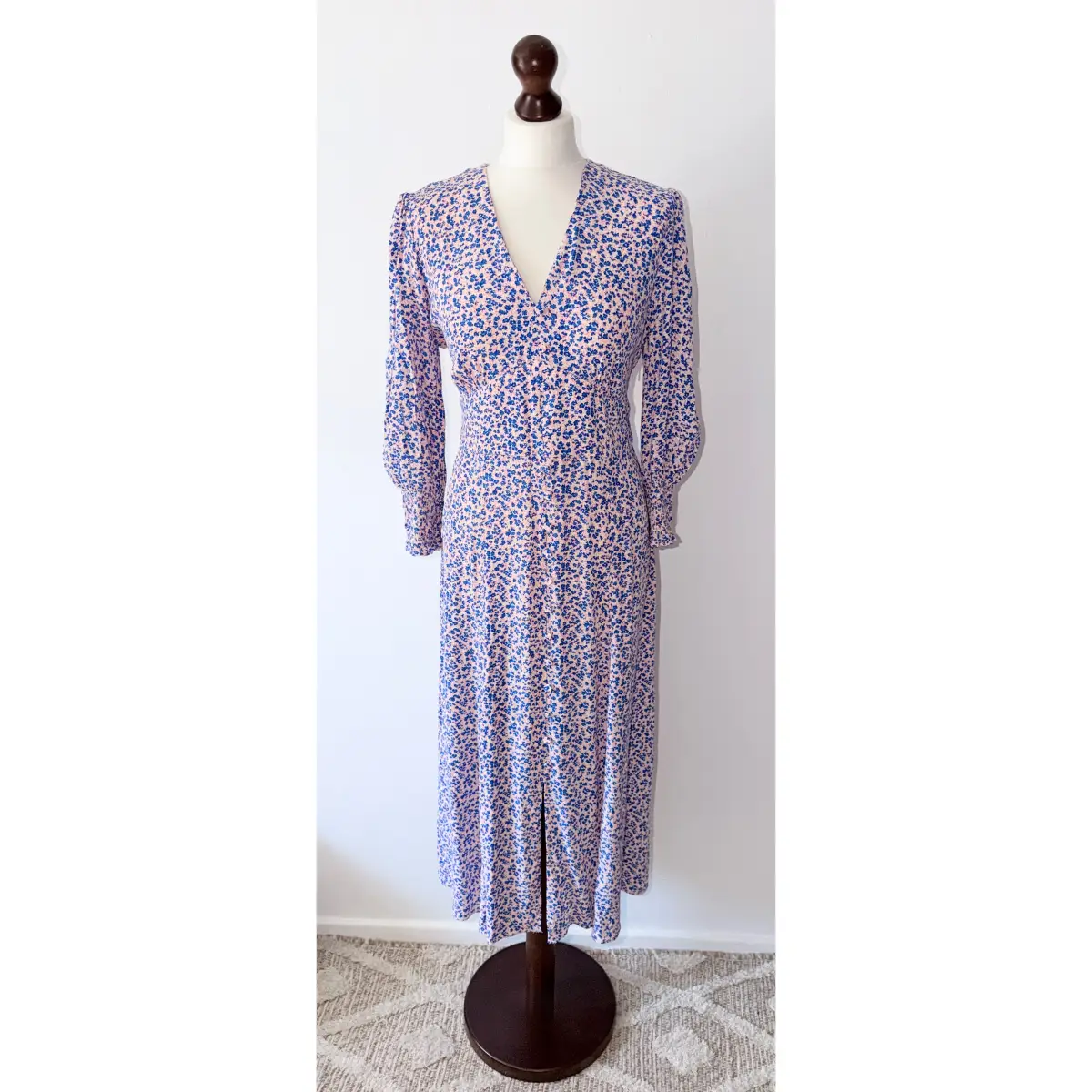 Whistles Blue Pink Floral Garden Print Midi Tea Dress V Neck Size 12 RRP £149