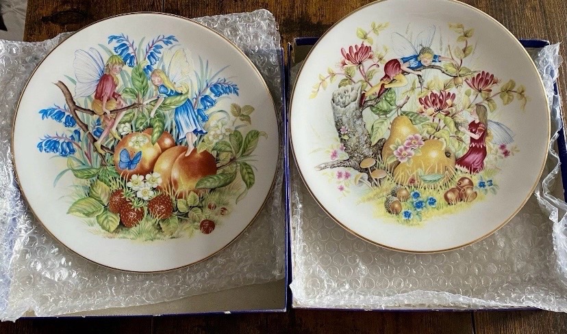 Vintage pair Fruit Fairies Peach & Pear by Ian Bradley Plates 20cm C.J Dams & Co