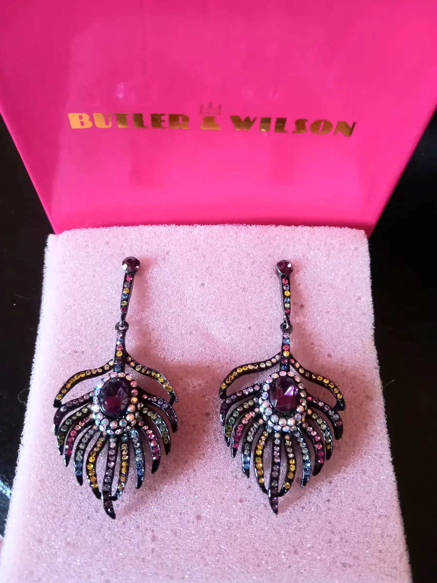 Butler and Wilson Vintage Multicoloured Peacock Feather Drop Earrings