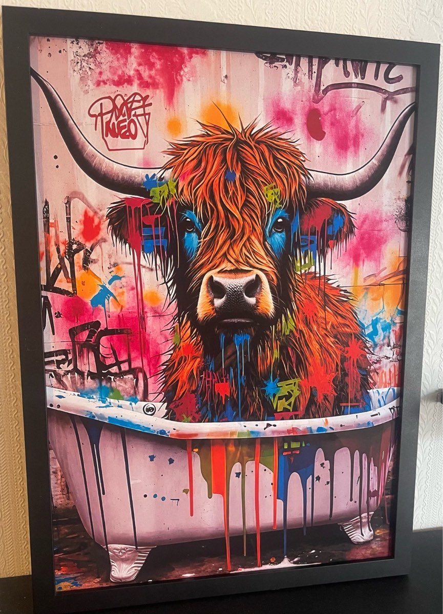 Highland Cow in Bathtub Picture Picture in A3 Frame
