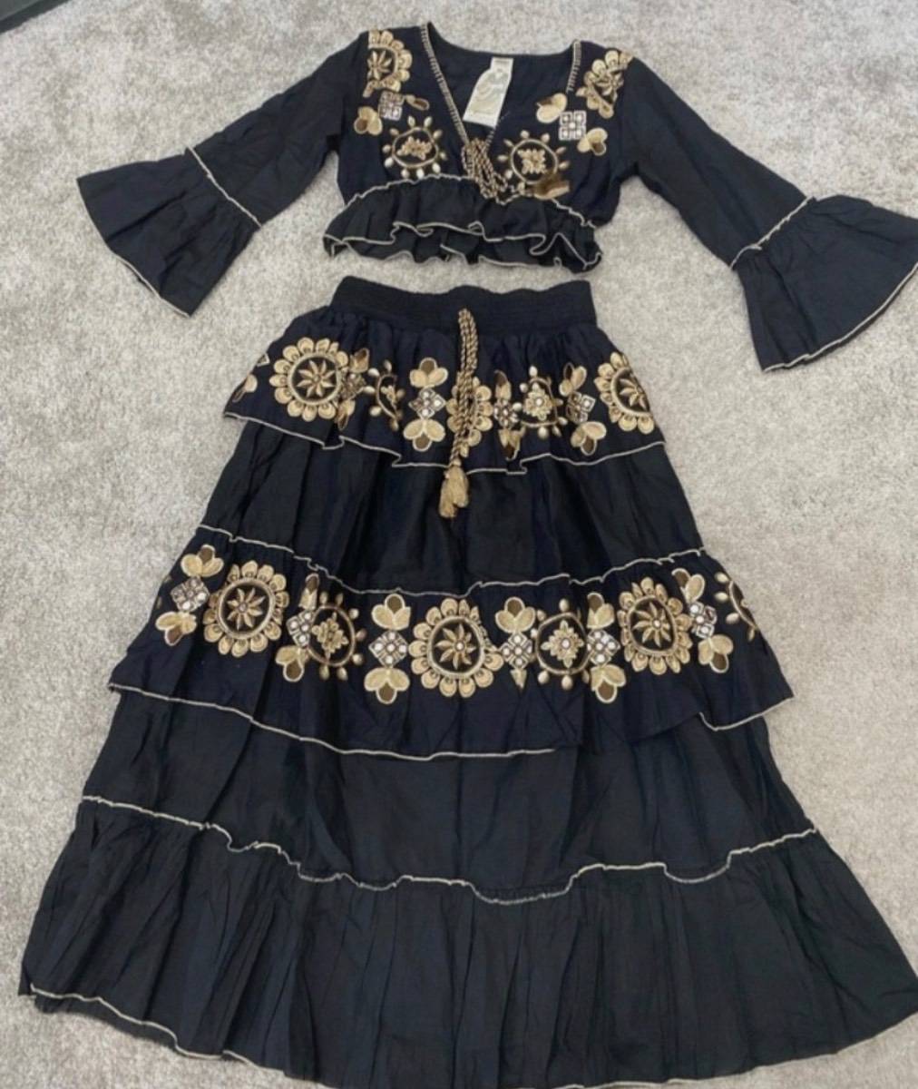 Manvi boho maxi skirt co ord set holiday 10-16 top gypsy embroidered new