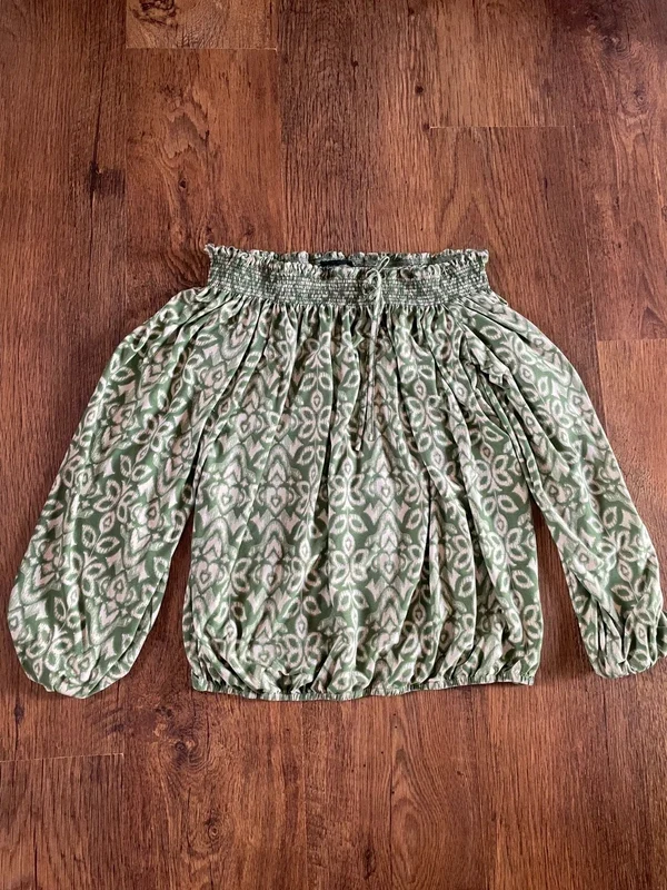 Blue Vanilla green white printed bubble hem bardot top size L-XL