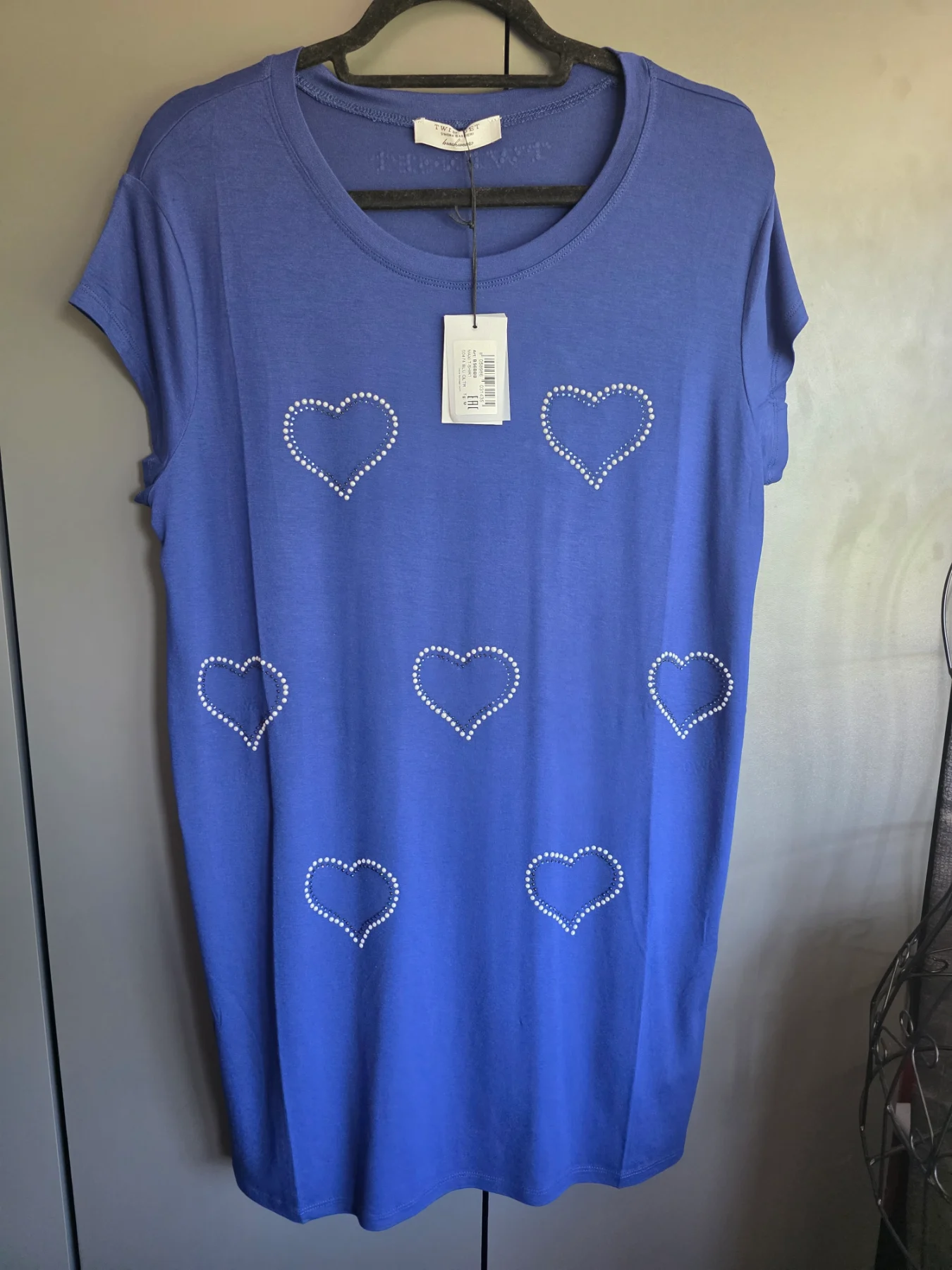NWT Twinset Simona Barbieri Blue Beaded Heart Maxi T-Shirt Dress Size M