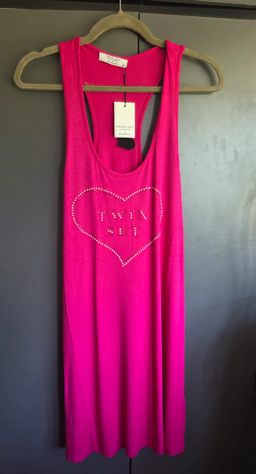 NWT Twinset Simona Barbieri Hot Pink Beaded Heart Maxi T-Shirt Dress Size