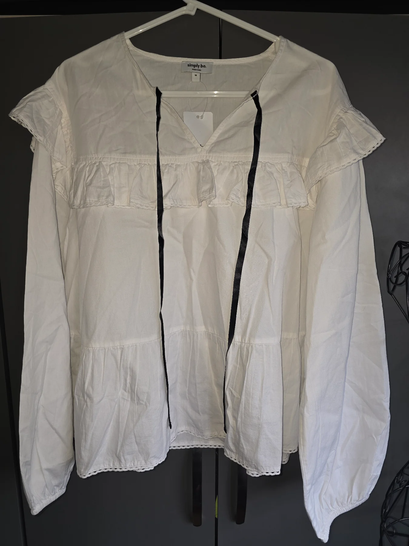 Simply Be White Ruffle Tiered Blouse with Black Tie Bow Details - UK Size 18