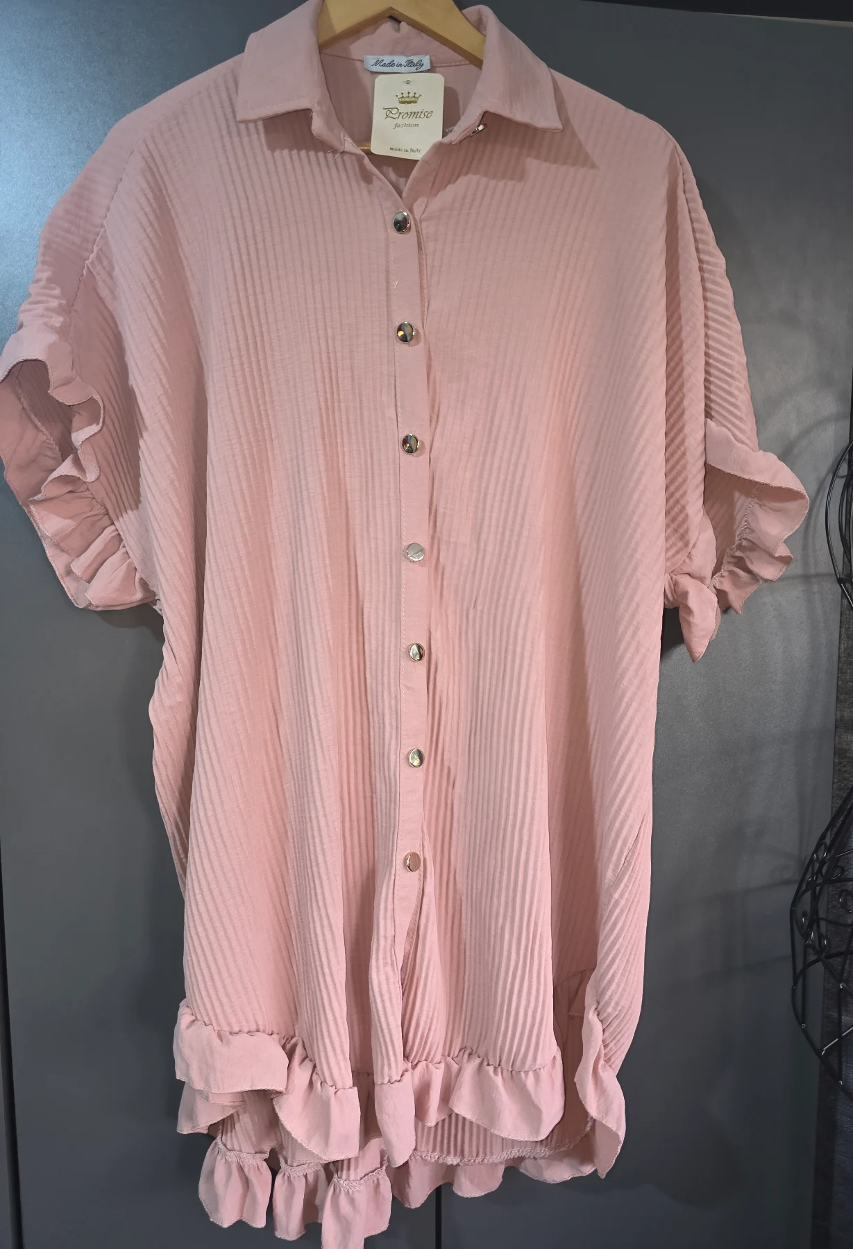 Made In Italy Pink Pleated Ruffle Shirt Top Blouse One Size BNWT