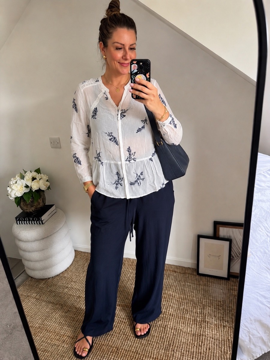 Per Una M&S White Navy Floral Crochet Trim Blouse | UK 12 | Long Sleeve Shirt