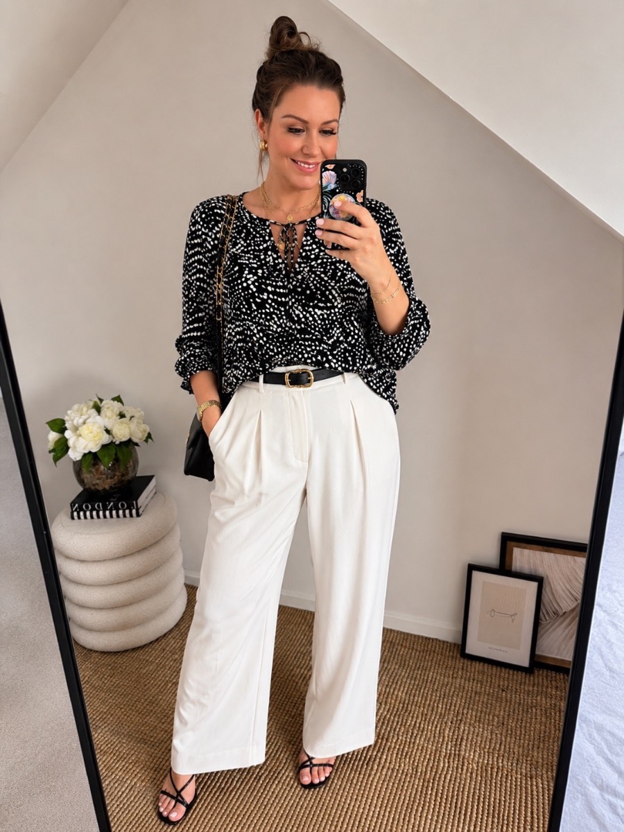 M&S Black White Tie Neck Blouse | UK 16 | Very Good Condition Long Sleeve Top