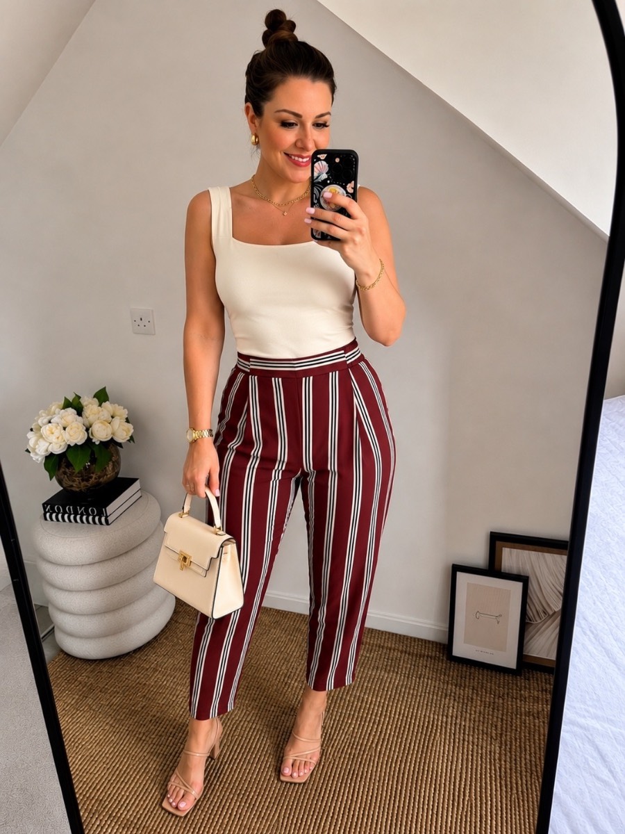 Primark Burgundy Stripe Tapered Trousers | UK 12 | BNWT Brand New Immaculate