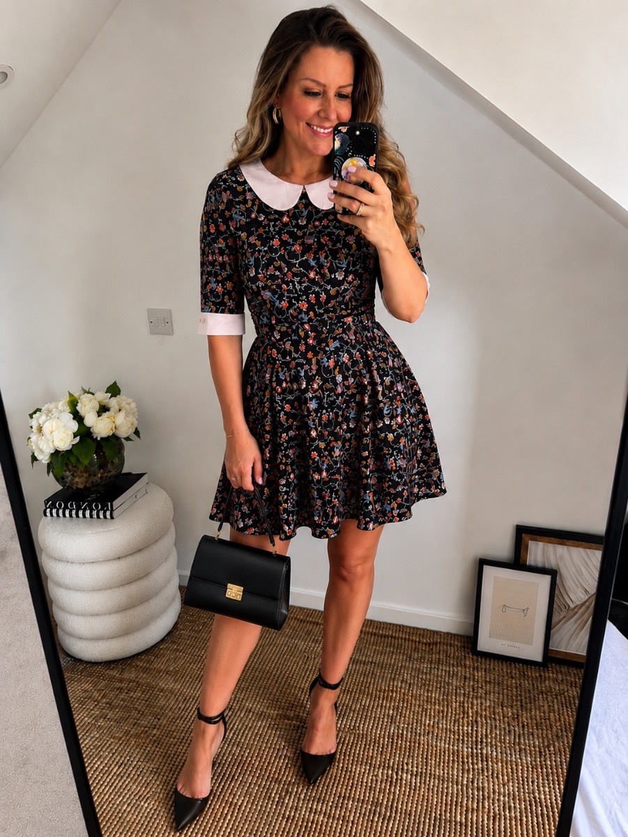 Yumi Black Floral & Bird Print Peter Pan Collar Dress | UK 10 | Good Condition
