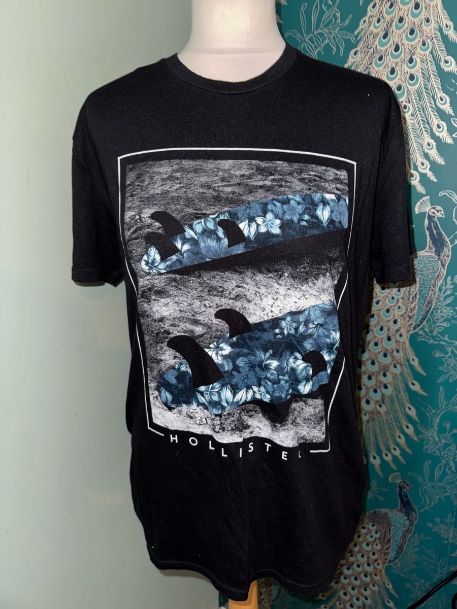 Hollister Men’s Surf Graphic T-Shirt - Black / Blue Floral Surfboard (Size M)
