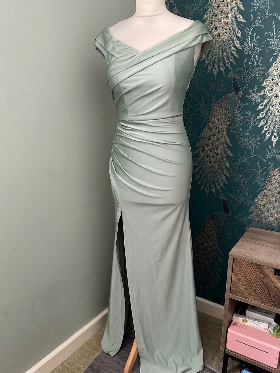 Ladyce Sage Green Off-The-Shoulder Ruched Thigh-Split Maxi Dress Size uk 10-12 (M)