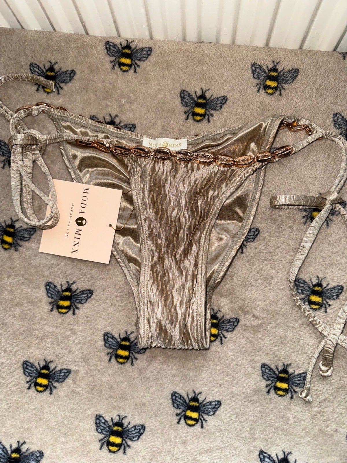 Moda Minx Gold Metallic Crinkle Bikini Bottoms - Puka Shell Detail (Size XS / UK 6)