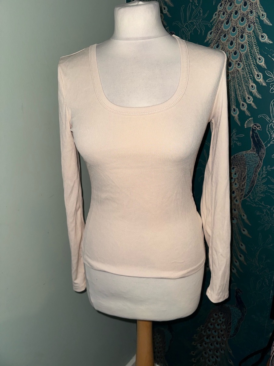 Shein long sleeve square neck ribbed top beige size uk small