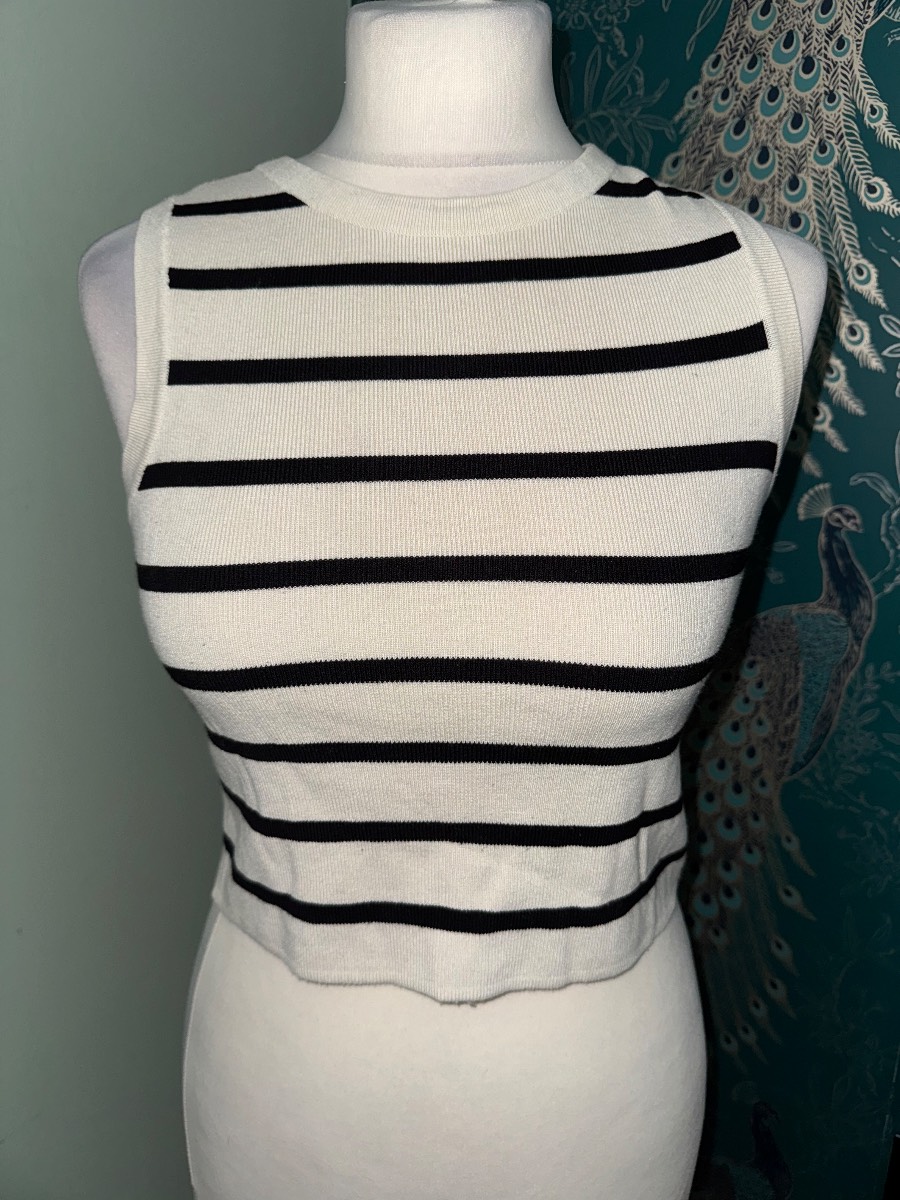 Primark stripe knitted crop tank top cream/black size uk 10-12 (M)
