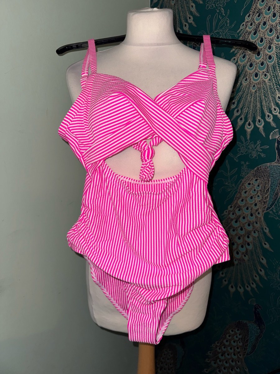 Retro Pink & White Striped Cut-Out One-Piece Swimsuit - Size S (BNWT)