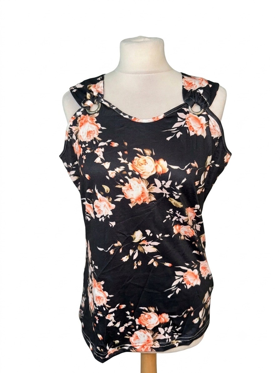 Black Floral Ring Strap Cold-Shoulder Cami Top - Size M (10-12)