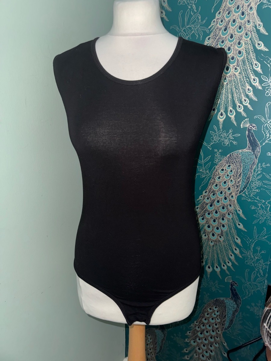 Crazy Chick Plain Black Sleeveless Bodysuit Leotard - Size L