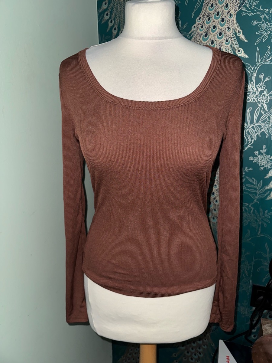 Shein brown ribbed scoop neck long sleeve top size uk 8-10 (S)