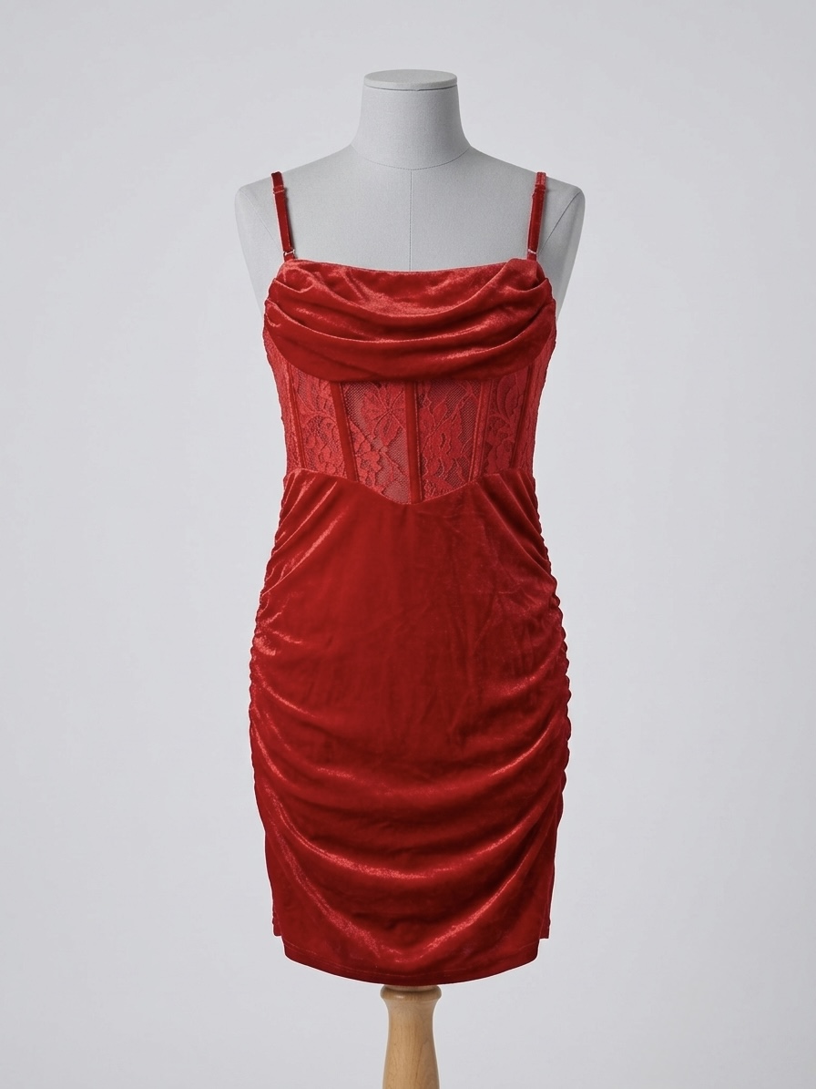 Fatalblow Red Velvet Corset Mini Dress with Lace & Ruched Detailing