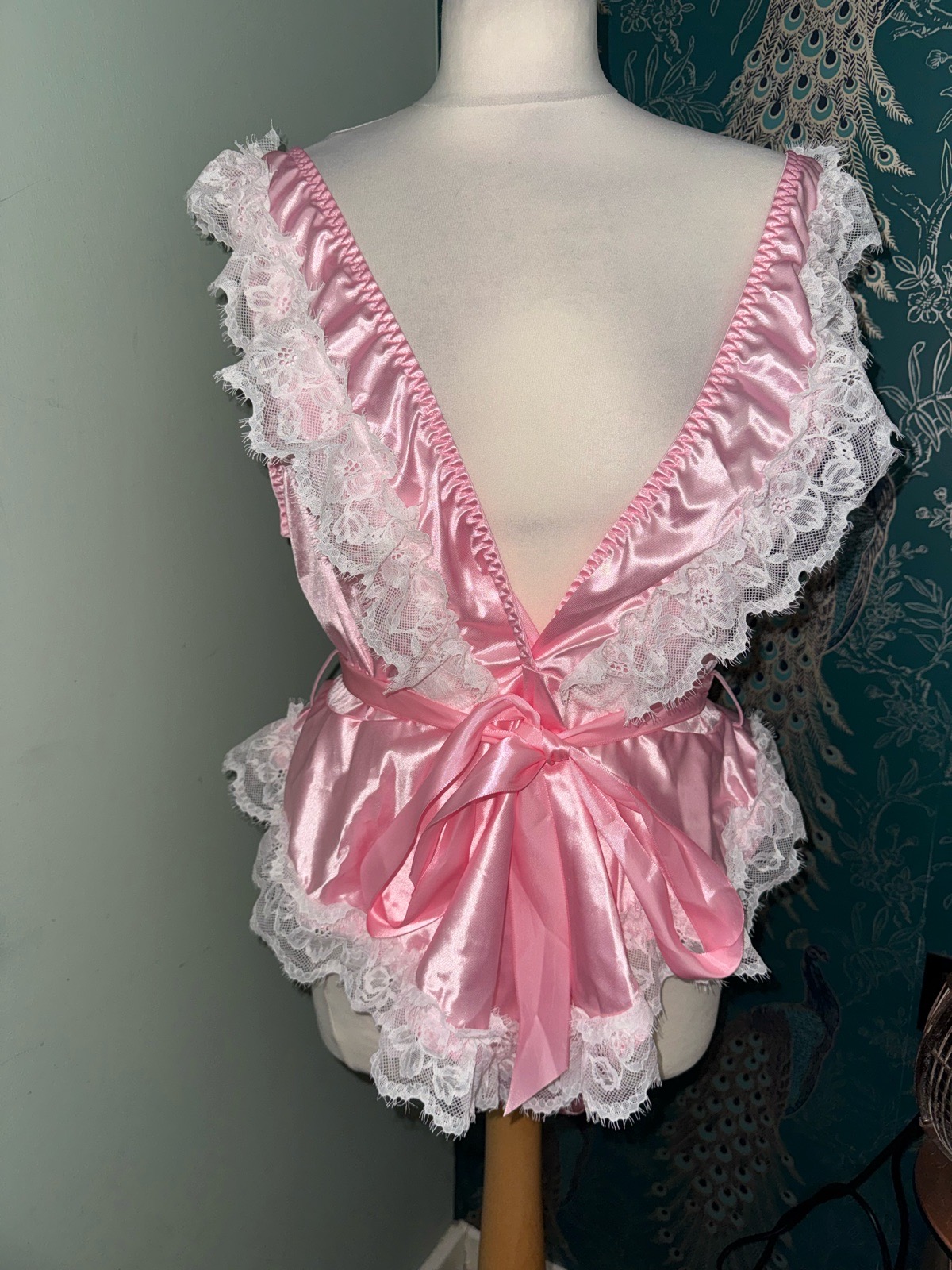 Pink Satin & Lace Ruffle Lingerie Bodysuit / Teddy (2XL)