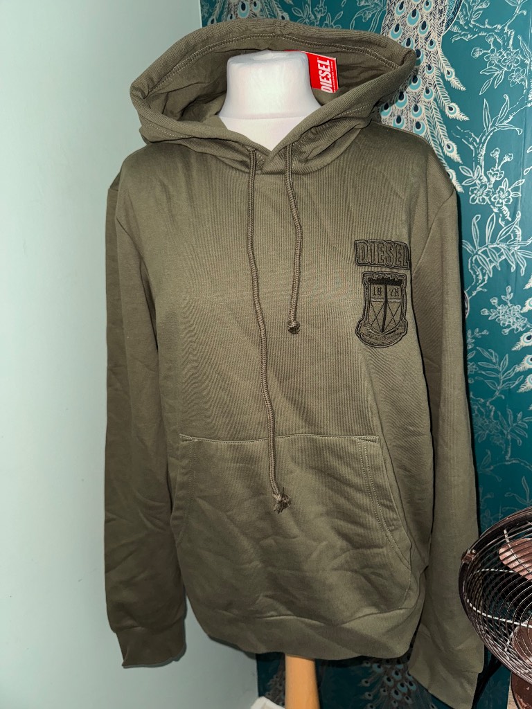 Diesel S-GINN-HOOD-K34 Men's Crest Patch Hoodie - Khaki Green (Size L)