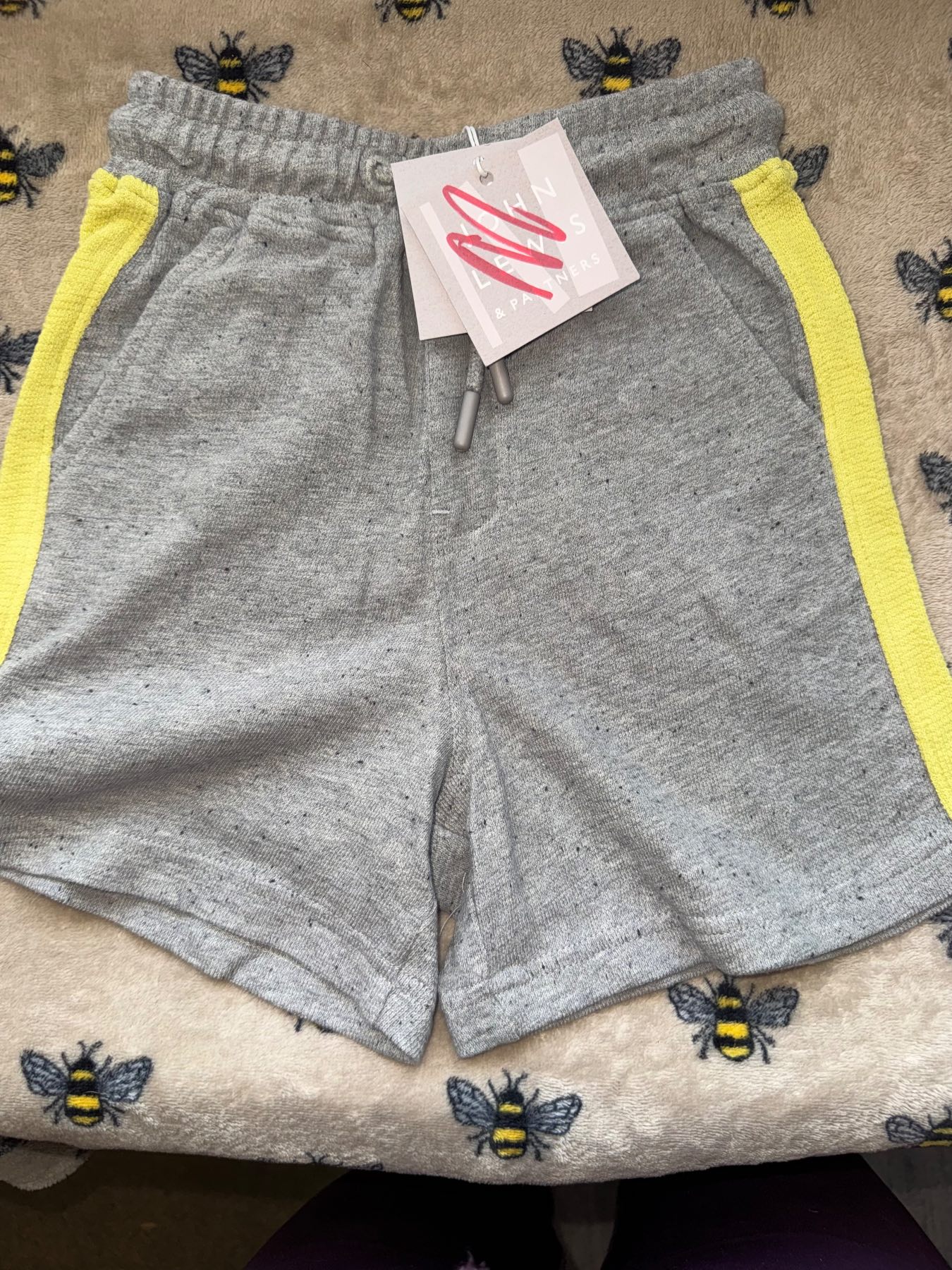 John Lewis Kids Grey Speckled Shorts with Yellow Stripe - Brand New With Tags - Age 3 Years