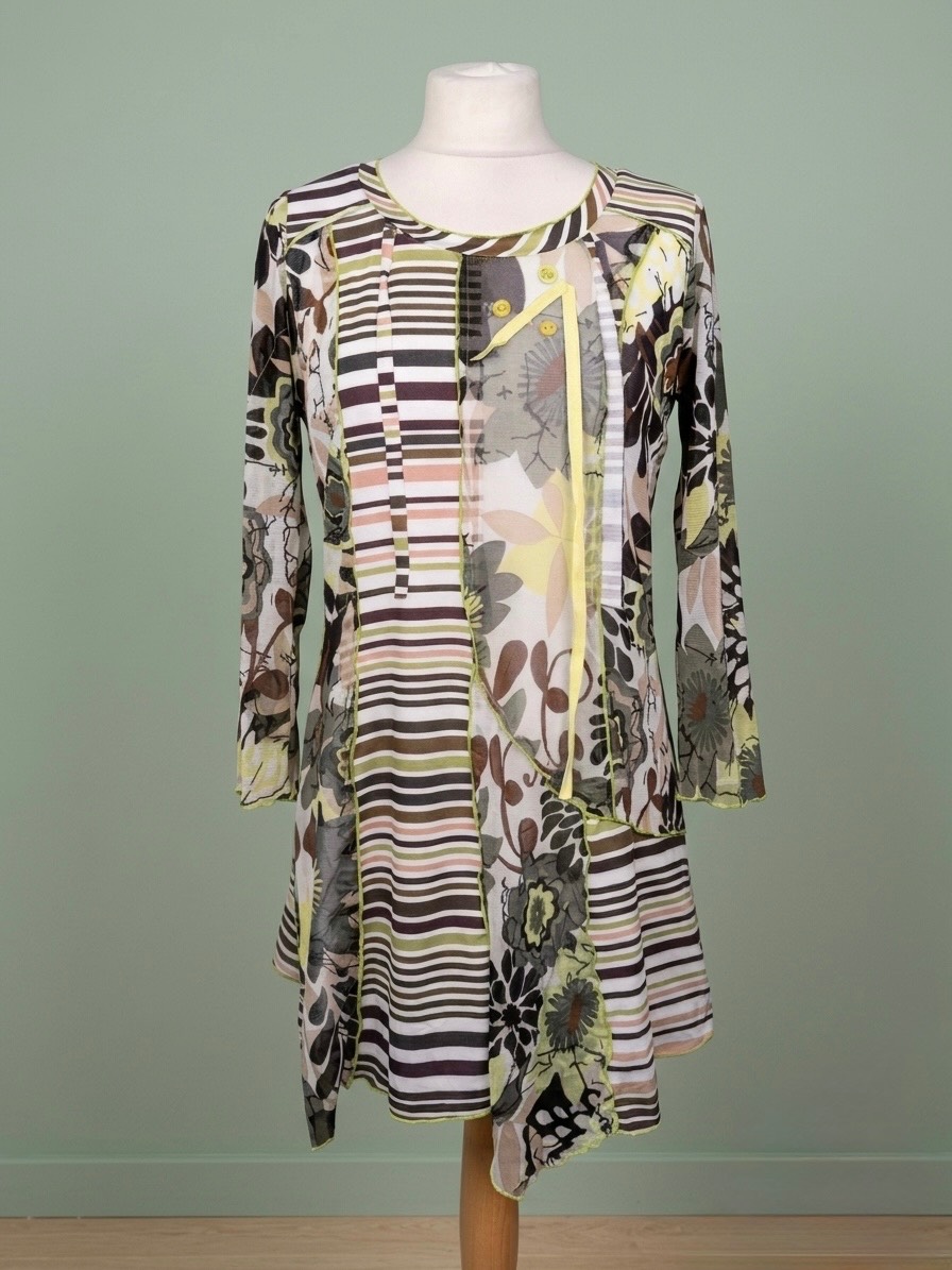 Tricotto Women's Size Small Mesh Tunic Top / Mini Dress — Artsy Mixed Print & Patchwork