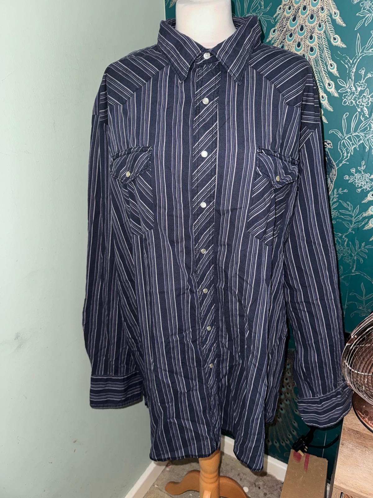 Wrangler Western Shirt Long Sleeve Striped Snap Button Navy Blue Size 2XL Vintage Country