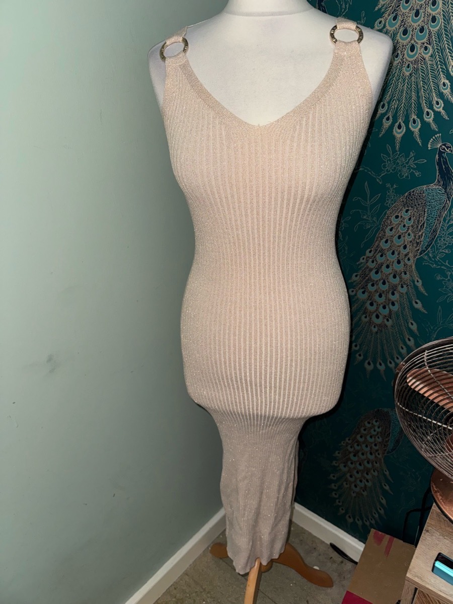 River island ribbed knit shimmery gold ling bodycon sleeveless dress size uk 6