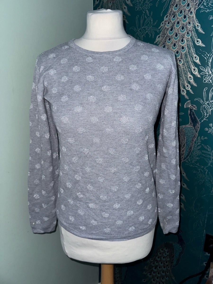 MANGO Basics Silver Metallic Polka Dot Knit Jumper / Top - Size S (UK 8-10)