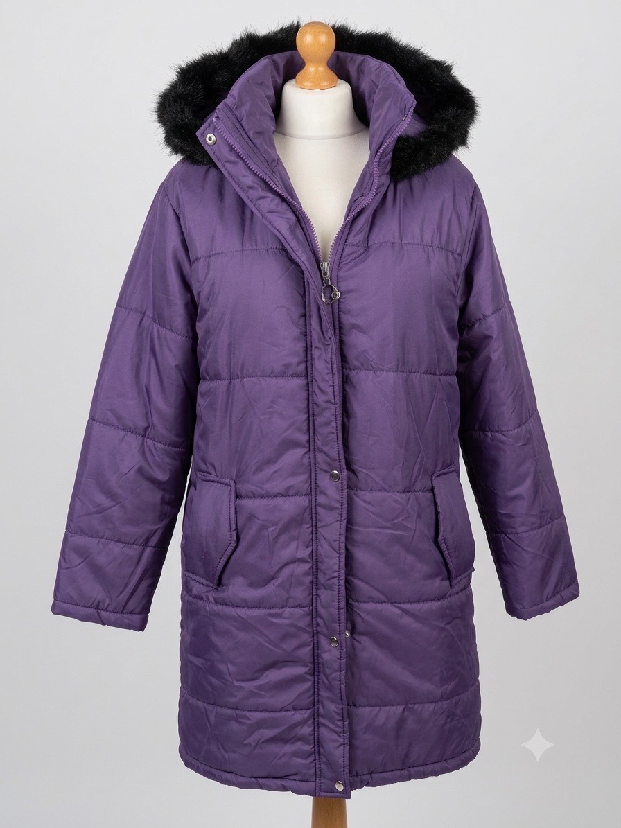 Purple Puffer Coat with Faux Fur Hood | Size L (Large) Warm Winter Jacket