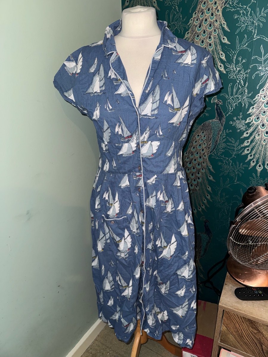 Seasalt Cornwall Lottie Dress UK 14 Blue Sailboat Print Cotton Midi NWOT