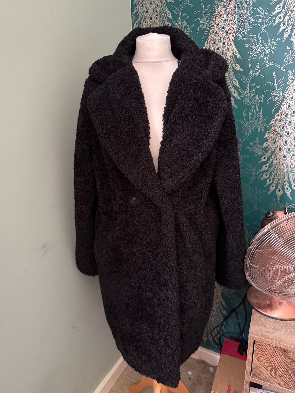 F&F Black Teddy Coat Oversized Bouclé Faux Fur Jacket Size UK 8