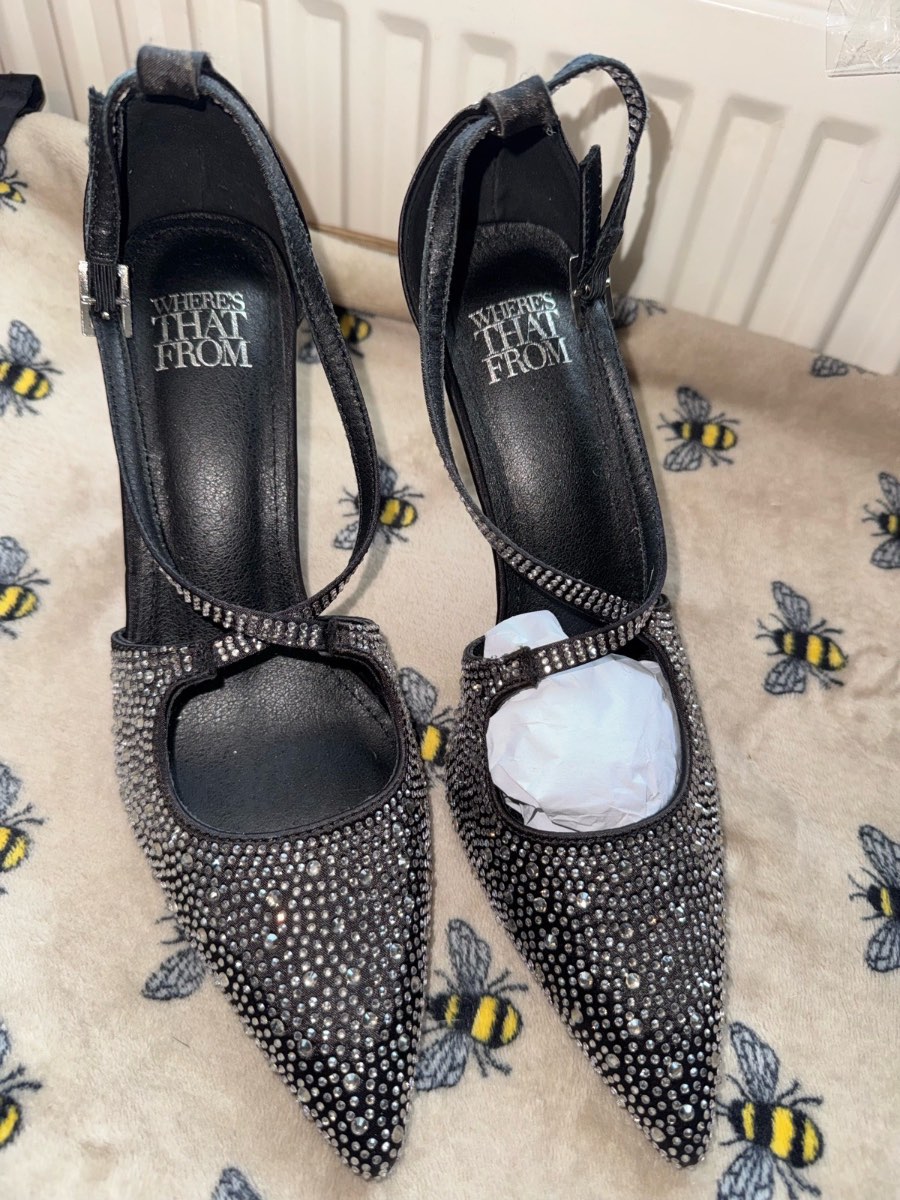 Where’s That From Black Embellished Ankle Strap Heels - Size 6 - Brand New