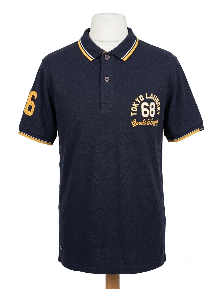 Tokyo Laundry Men's Navy Blue Polo Shirt | Yellow Vintage Graphic | Size Medium