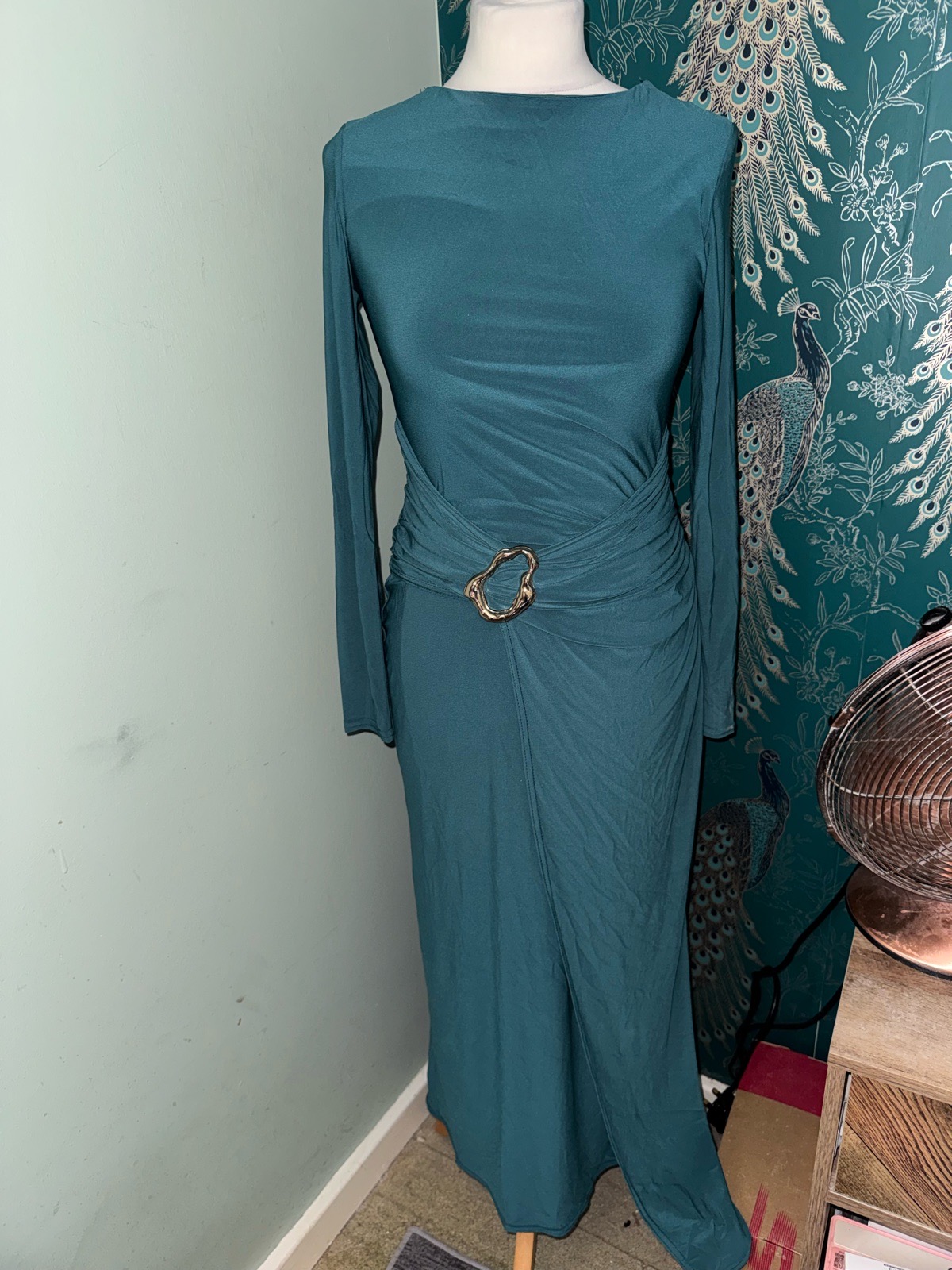 Quiz Teal Blue Bodycon Midi Dress with Buckle Detail - Size UK 8
