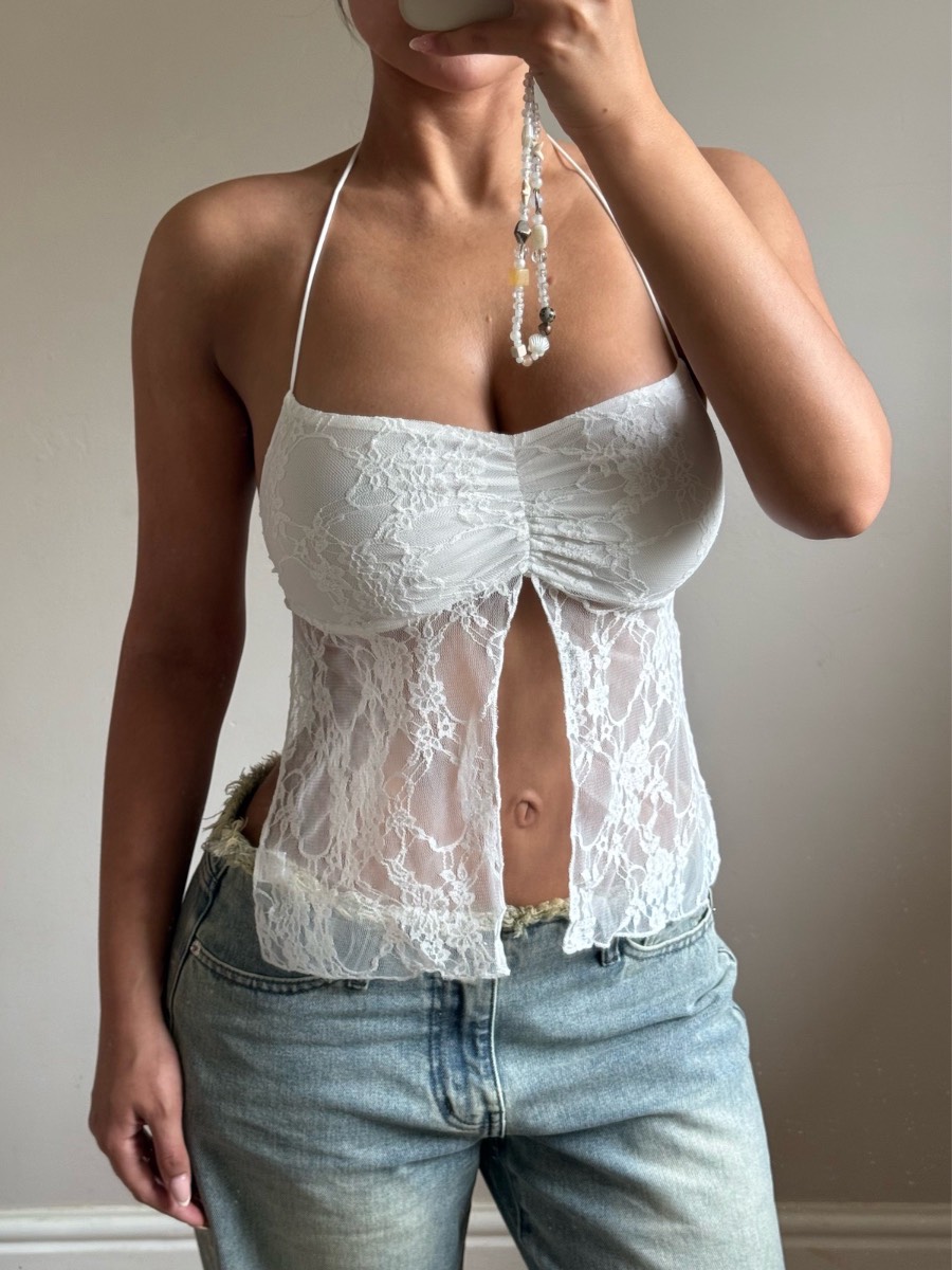 White lace cami top open front halter neck top
