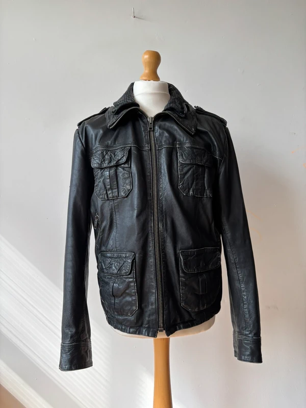 Superdry Men's Black Genuine Leather Military Jacket Size XL | SPD1