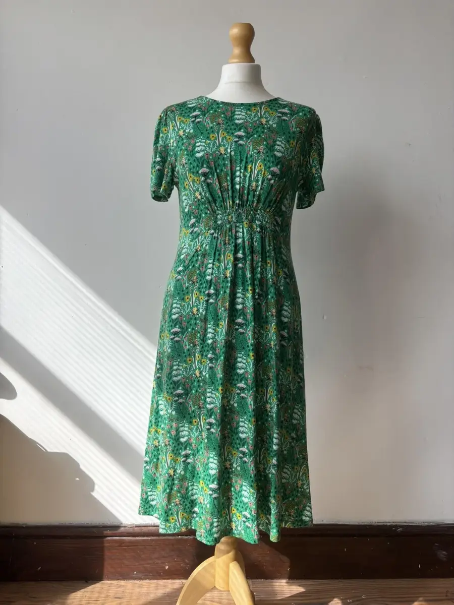 Boden Women’s Green Floral Midi Dress Size UK 10 Long Meadow Print Short Sleeve | BO5