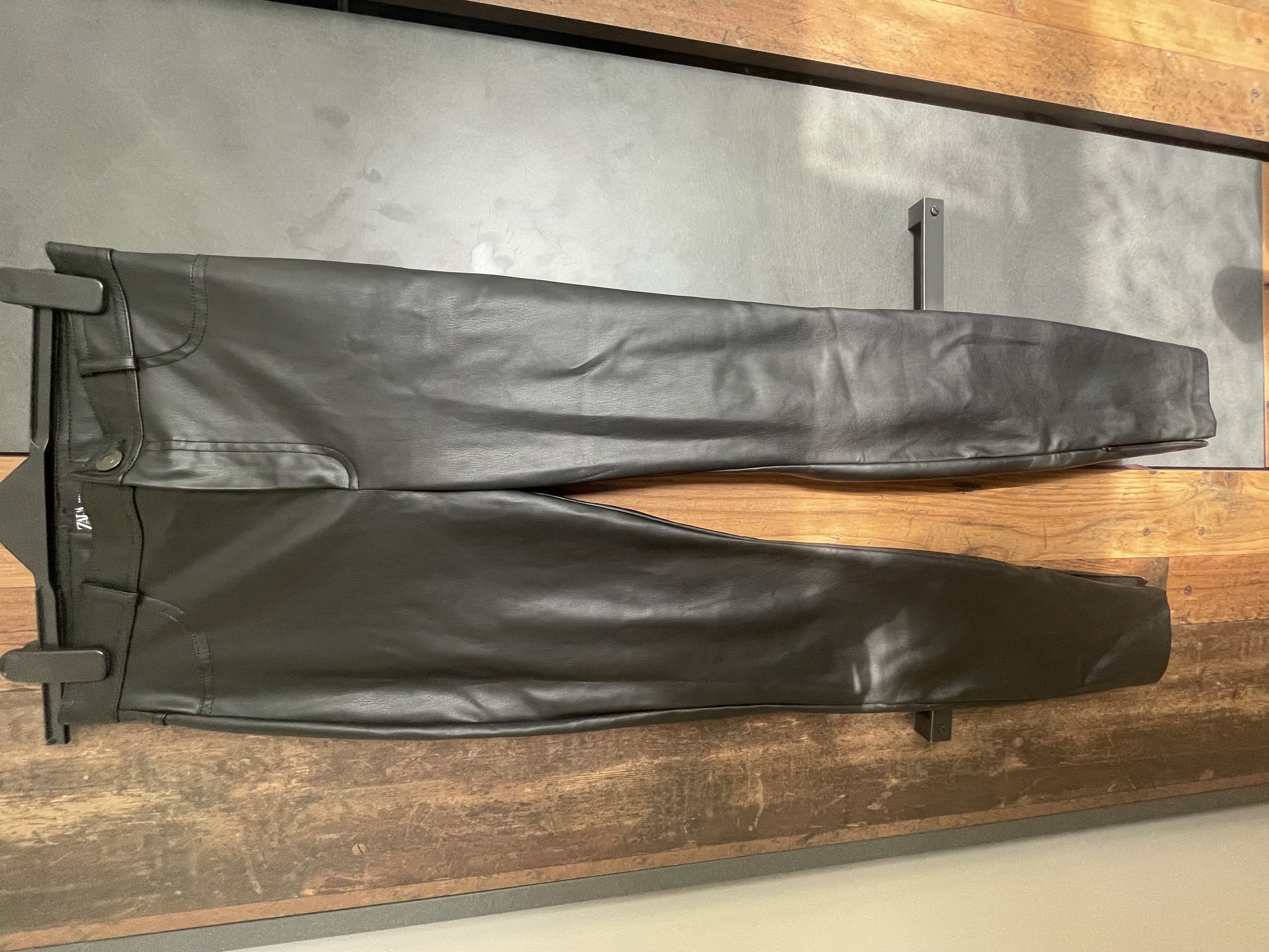 Zara Black Faux Leather Skinny Trousers Size M Zip Hem