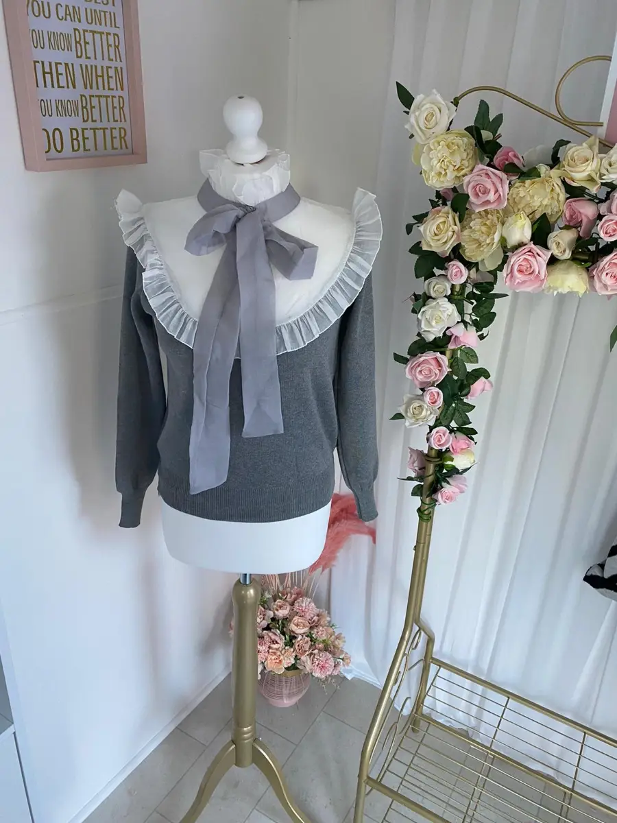Made In Italy Grey Frilled Bow Jumper - Size S (6-8)