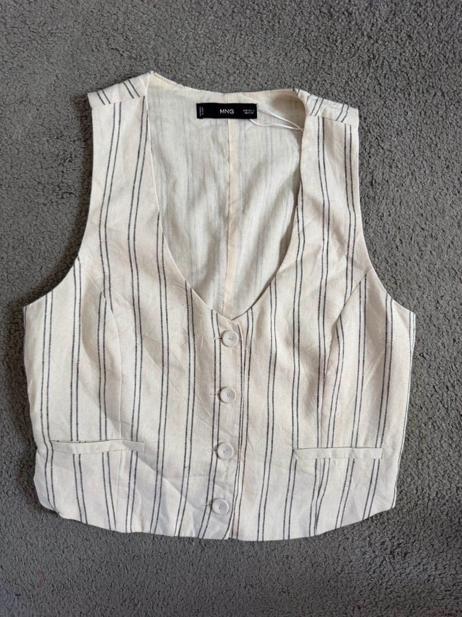 Mango Linen Blend Pinstripe Waistcoat Gilet Cream Size S