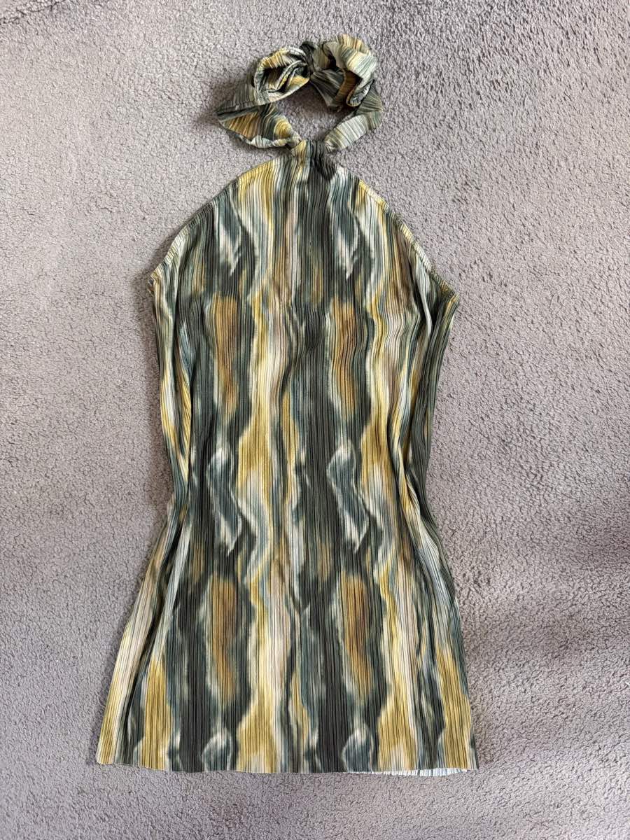 Boohoo Green Abstract Halterneck Pleated Mini Dress UK 14 BNWT